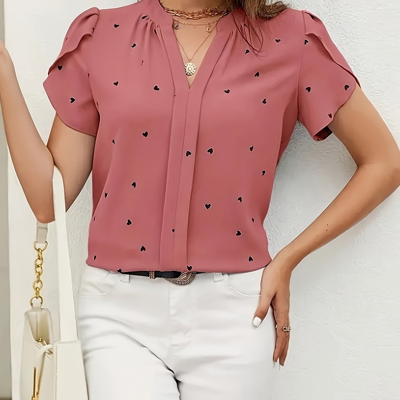 Heart Print V Neck Blouse, Casual Petal Sleeve Blouse For Spring & Summer, Women??s Clothing - Image 3