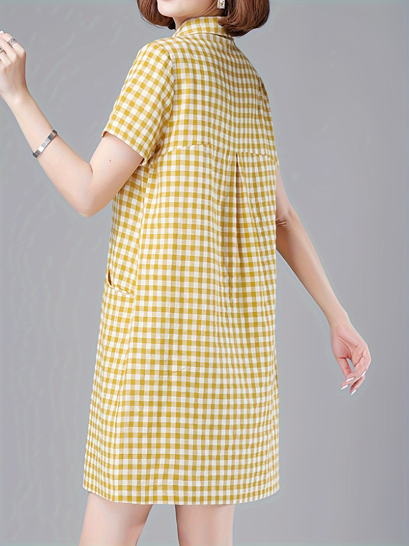Plaid Print Button Up With Pocket Dress, Casual Short Sleeve Loose Dress For Spring & Summer, Women??s Clothing - Image 4