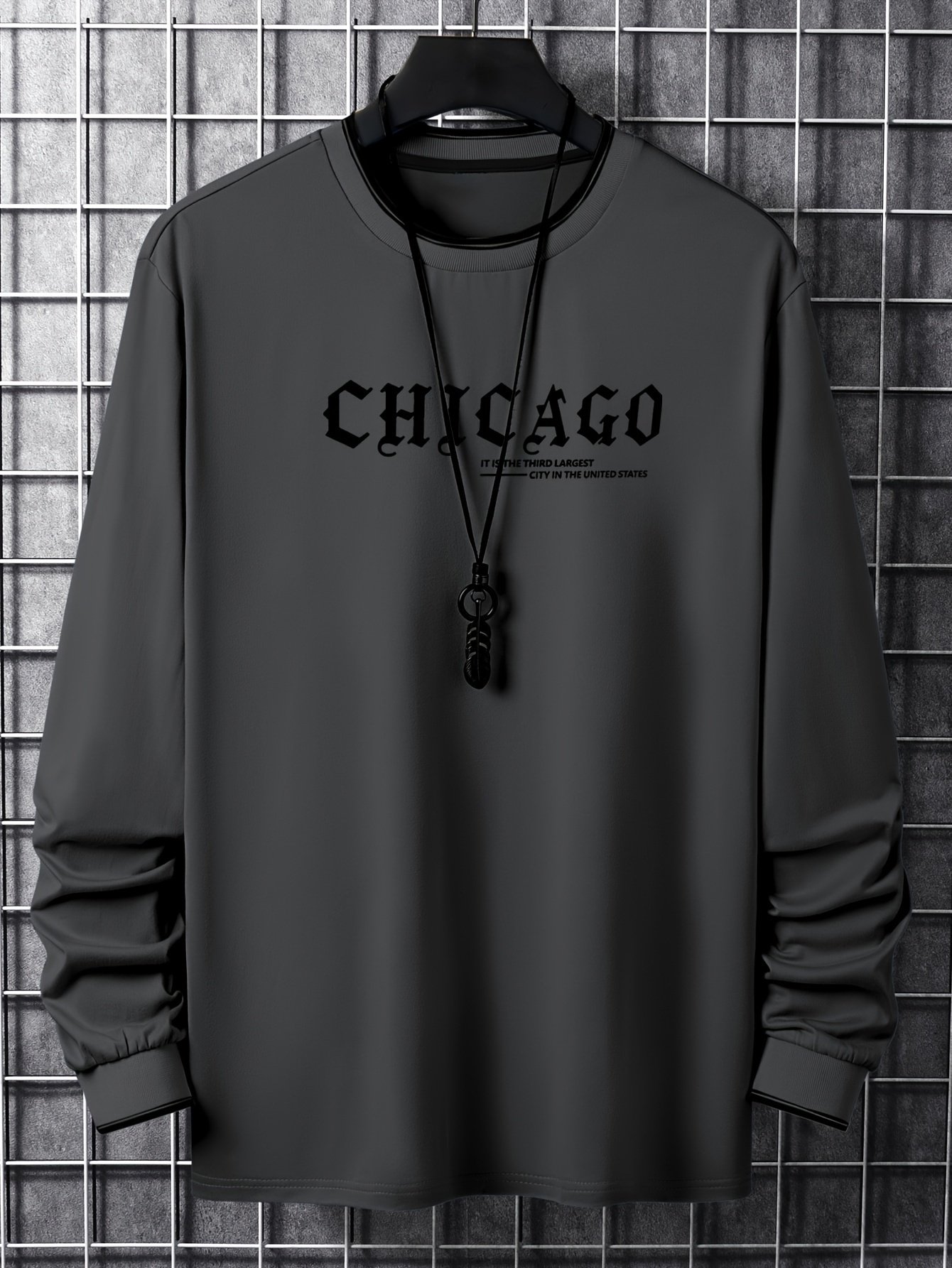CHICAGO Print Men??s Street Daily Long Sleeve High Stretch T-shirt, Spring Fall Outdoor, Men??s Clothing