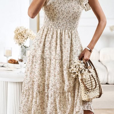 Floral Print Smocked Round Neck Casual Dress