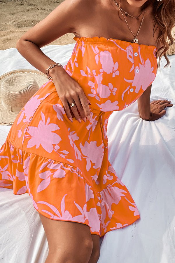 Floral Print Strapless Tie Waist Casual Dress - Image 3