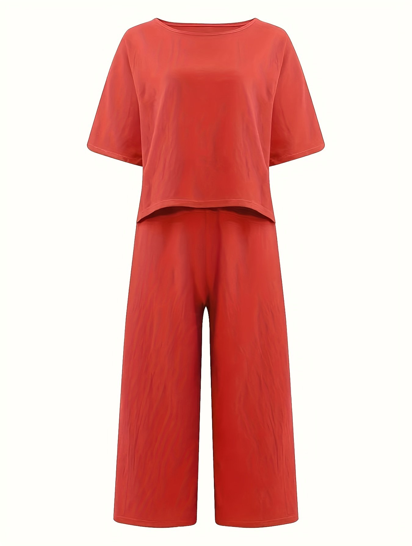 Solid Two-piece Set, Crew Neck Casual T-Shirt & Wide Leg Pants, Women??s Clothing - Image 10