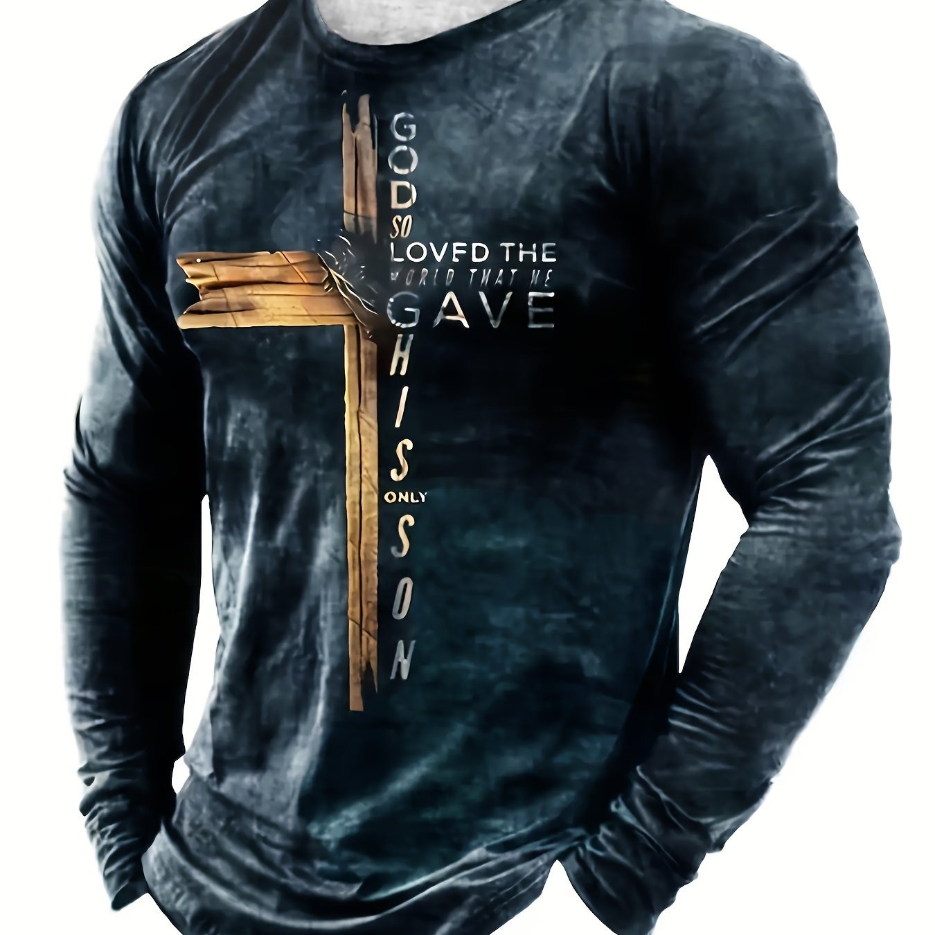 Classic Cross And Letter Print Men??s Creative Long Sleeve Crew Neck T-shirt For Spring Fall, Gift For Men - Image 2
