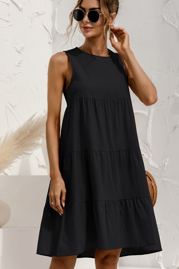 Round Neck Solid Ruched Sleeveless Mini Dress - Image 6