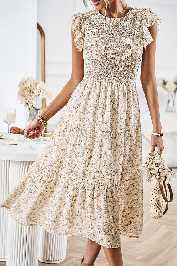 Floral Print Smocked Round Neck Casual Dress - Image 3