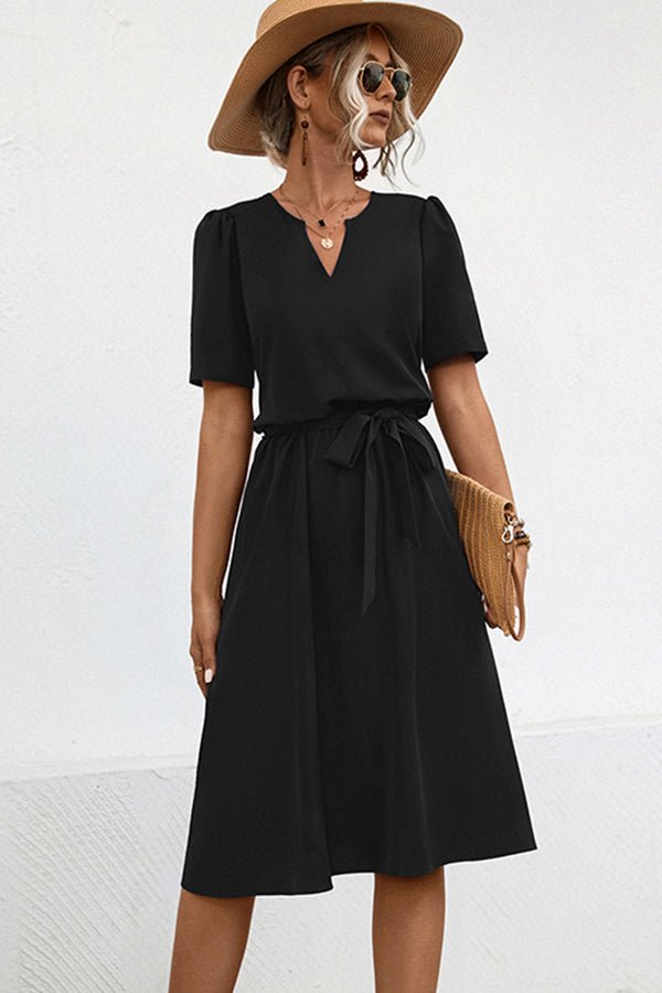 Solid Color V Neck Tie Waist Casual Dress - Image 2