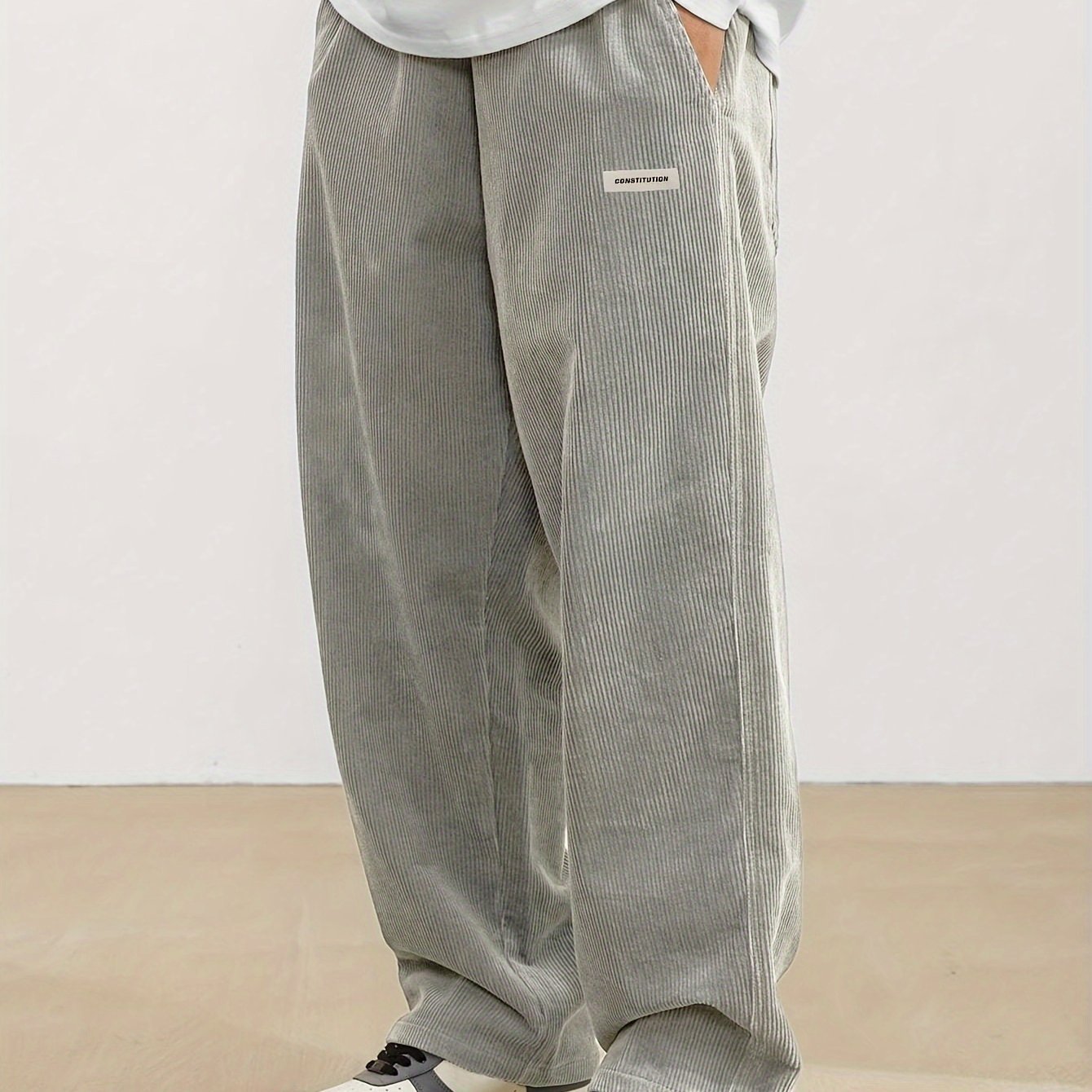 Men??s Loose-Fit Corduroy Casual Pants With Pockets In Solid Color, Breathable Straight-Leg Drawstring Trousers For Urban Streetwear And Outdoor Activities, Casual Style - Image 3