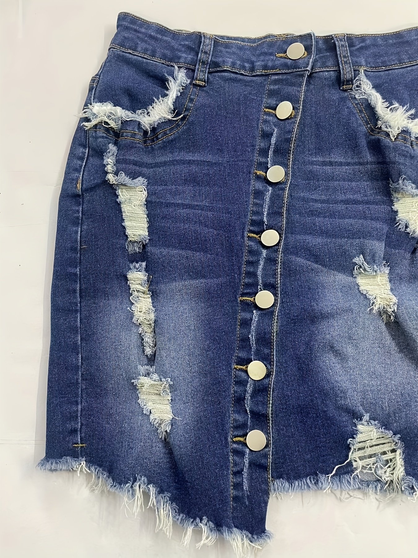 Ripped Asymmetric Single-breasted Raw Hem Denim Skirt, Medium Stretch Whiskering Distressed Denim Skirt, Women??s Denim Jeans & Clothing - Image 4