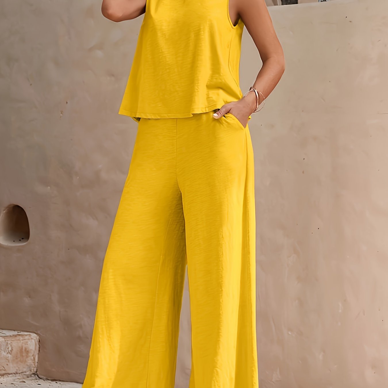 Solid Elegant Two-piece Set, Sleeveless Tank Top & Wide Leg Loose Pants Outfits, Women??s Clothing - Image 4
