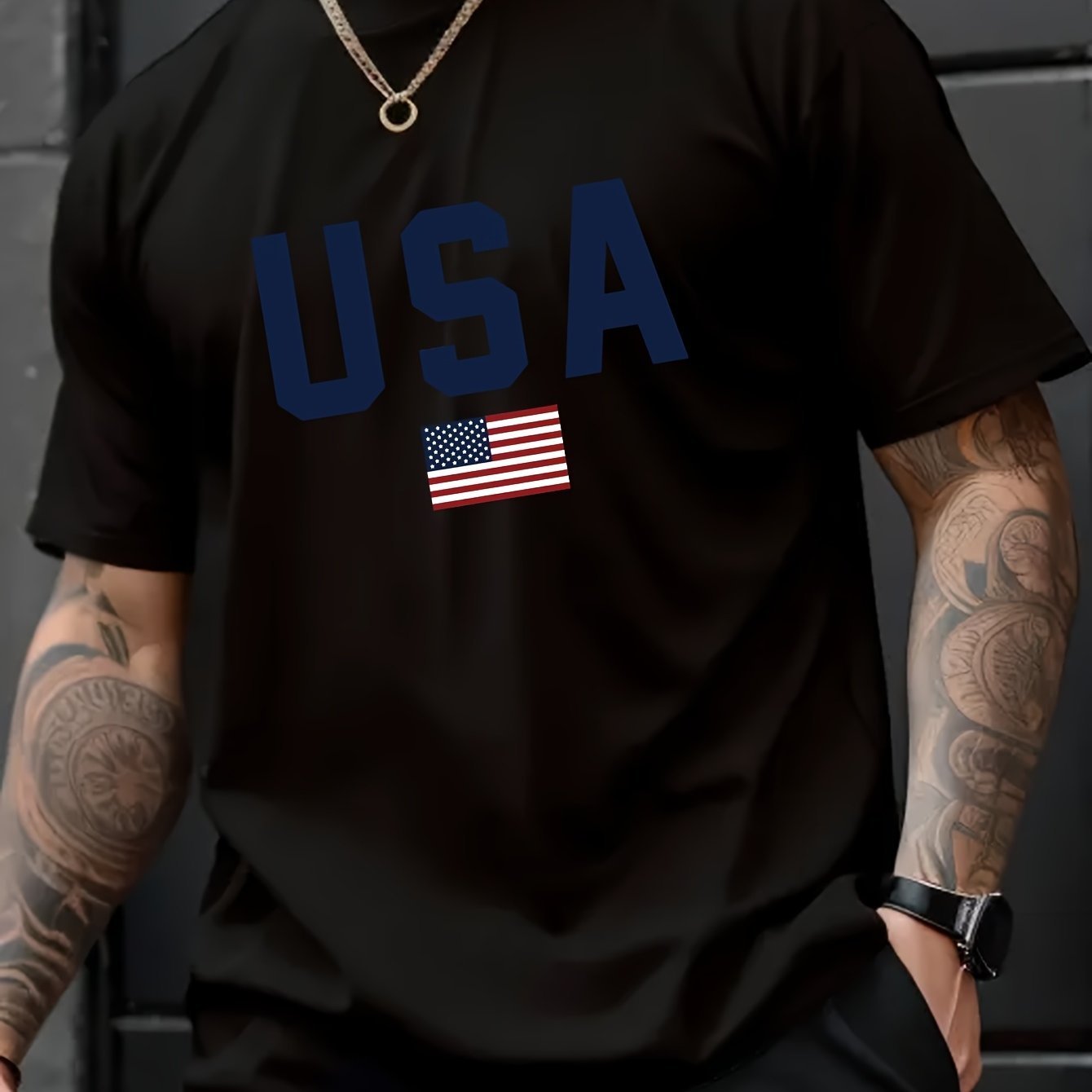 USA Print Men??s Creative Top, Casual Short Sleeve Crew Neck T-shirt, Men??s Clothing For Summer Outdoor - Image 2
