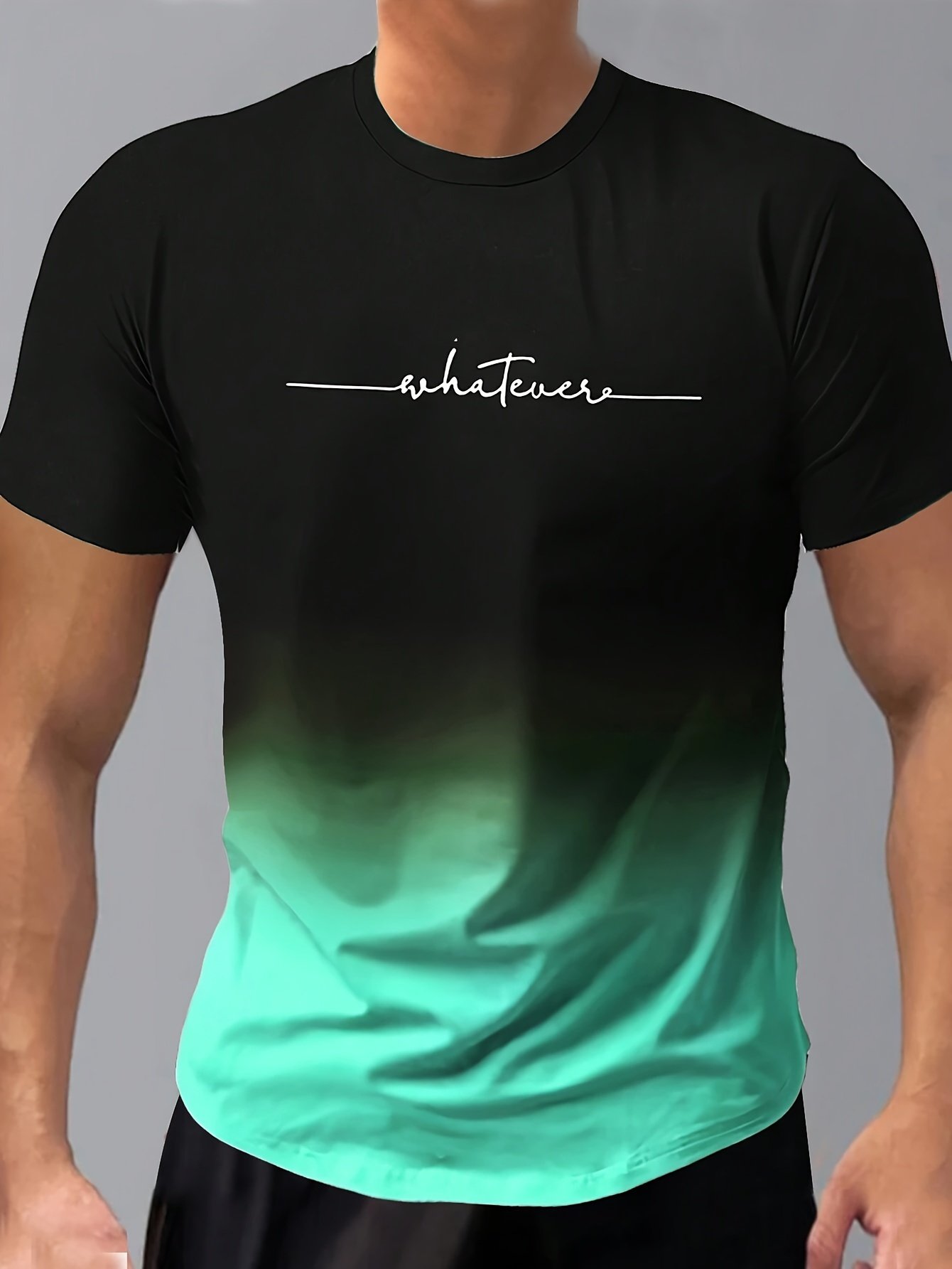 Men??s Gradient Color And Alphabet Print ??WHATEVER?? Crew Neck And Short Sleeve T-shirt, Casual And Chic Tops For Summer Outdoors Wear