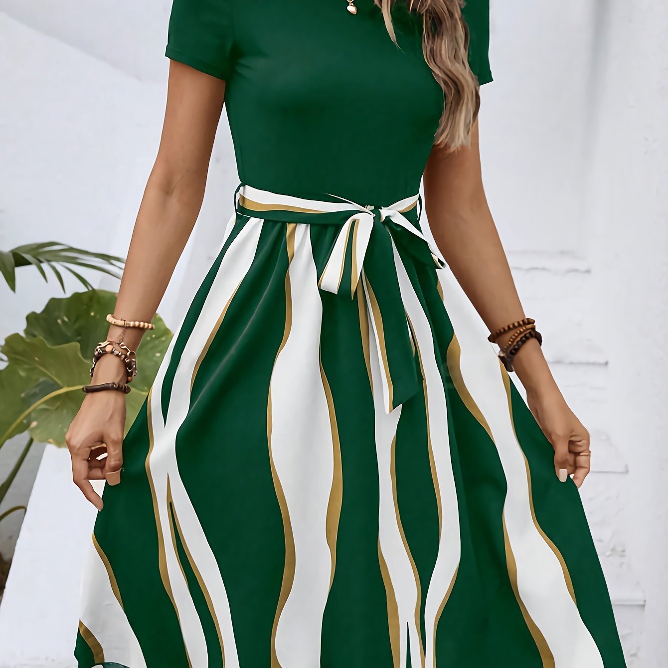 Striped Crew Neck Dress, Elegant Short Sleeve Belted A-line Dress For Spring & Summer, Women??s Clothing - Image 4