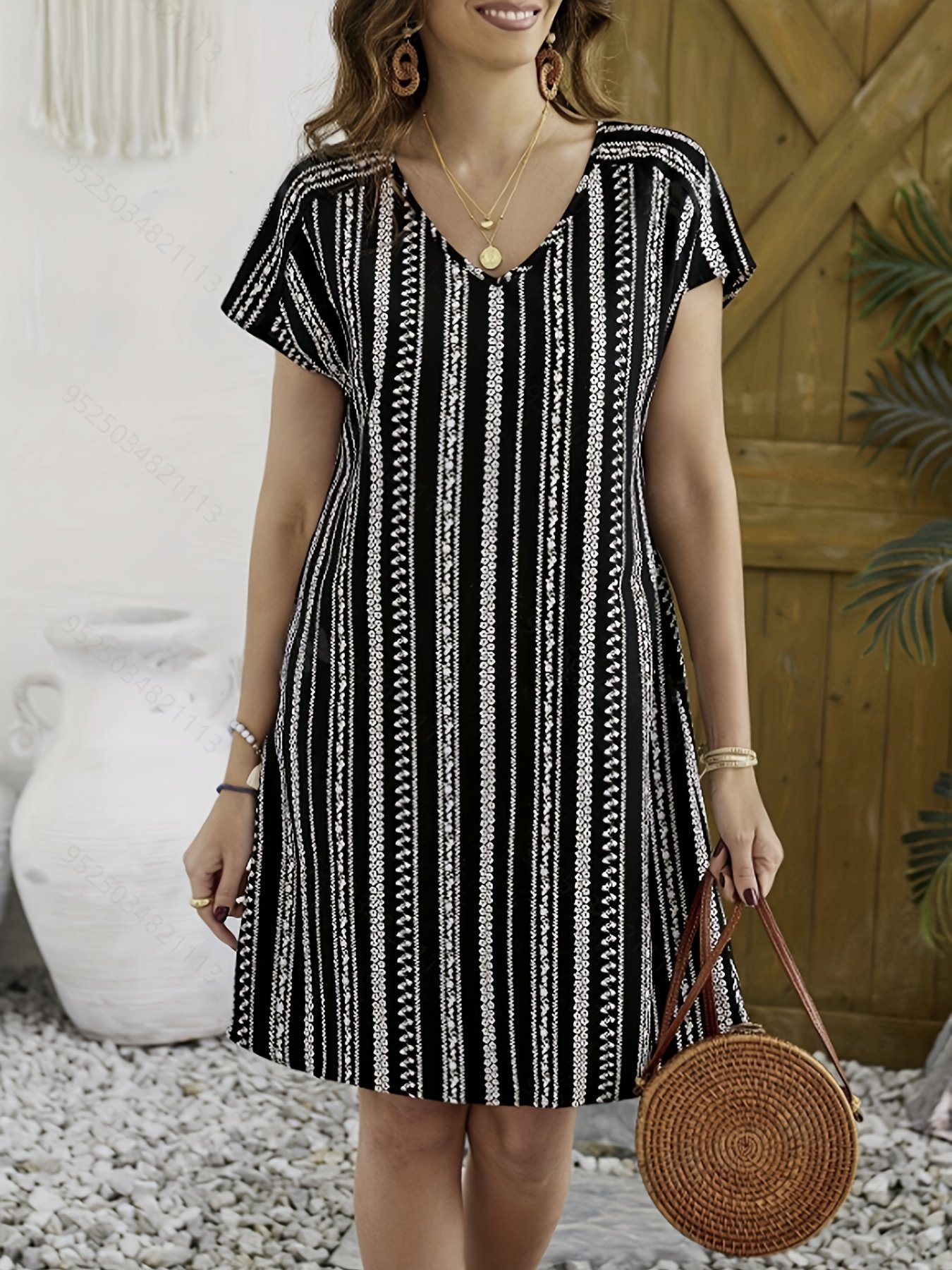 Allover Print V-neck Dress, Vacation Short Sleeve Dress For Summer & Spring, Women??s Clothing