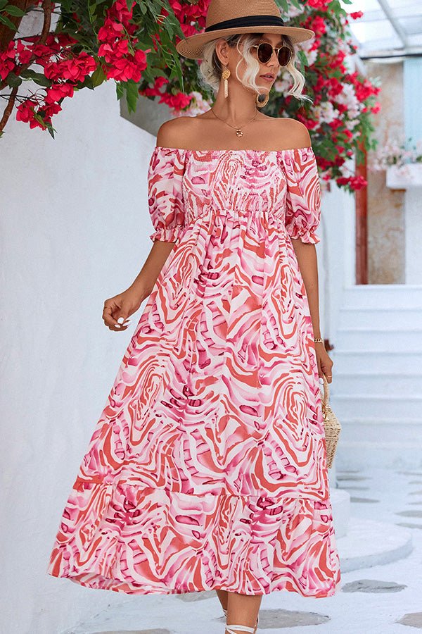 Smocked Print Off The Shoulder Midi Dress - Image 2