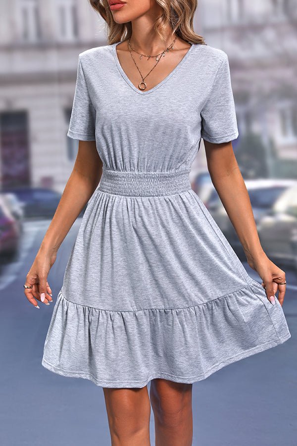 Solid Smocked V Neck Casual Mini Dress - Image 3