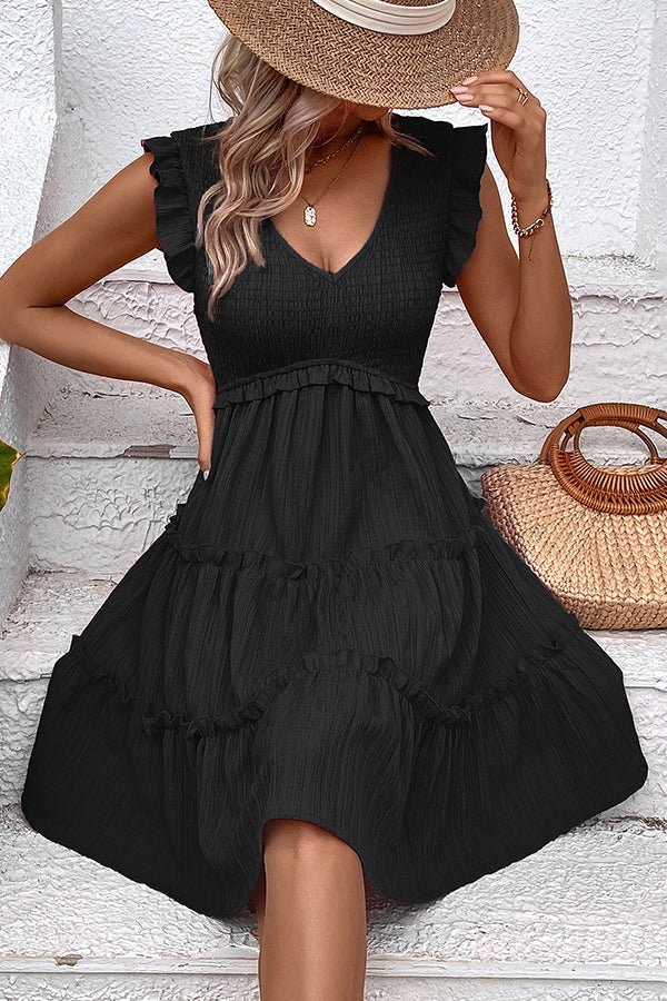 V Neck Smocked Frill Solid Casual Dress - Image 3