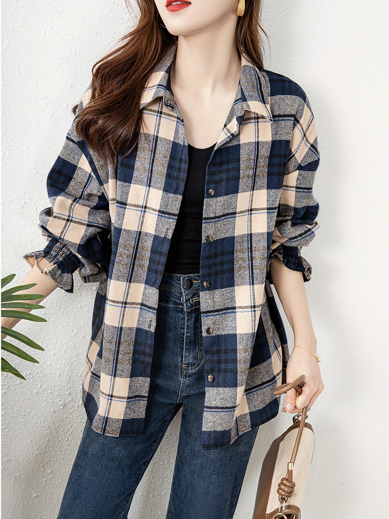 Plaid Print Button Front Blouse, Casual Long Sleeve Blouse For Spring & Fall, Women??s Clothing - Image 6