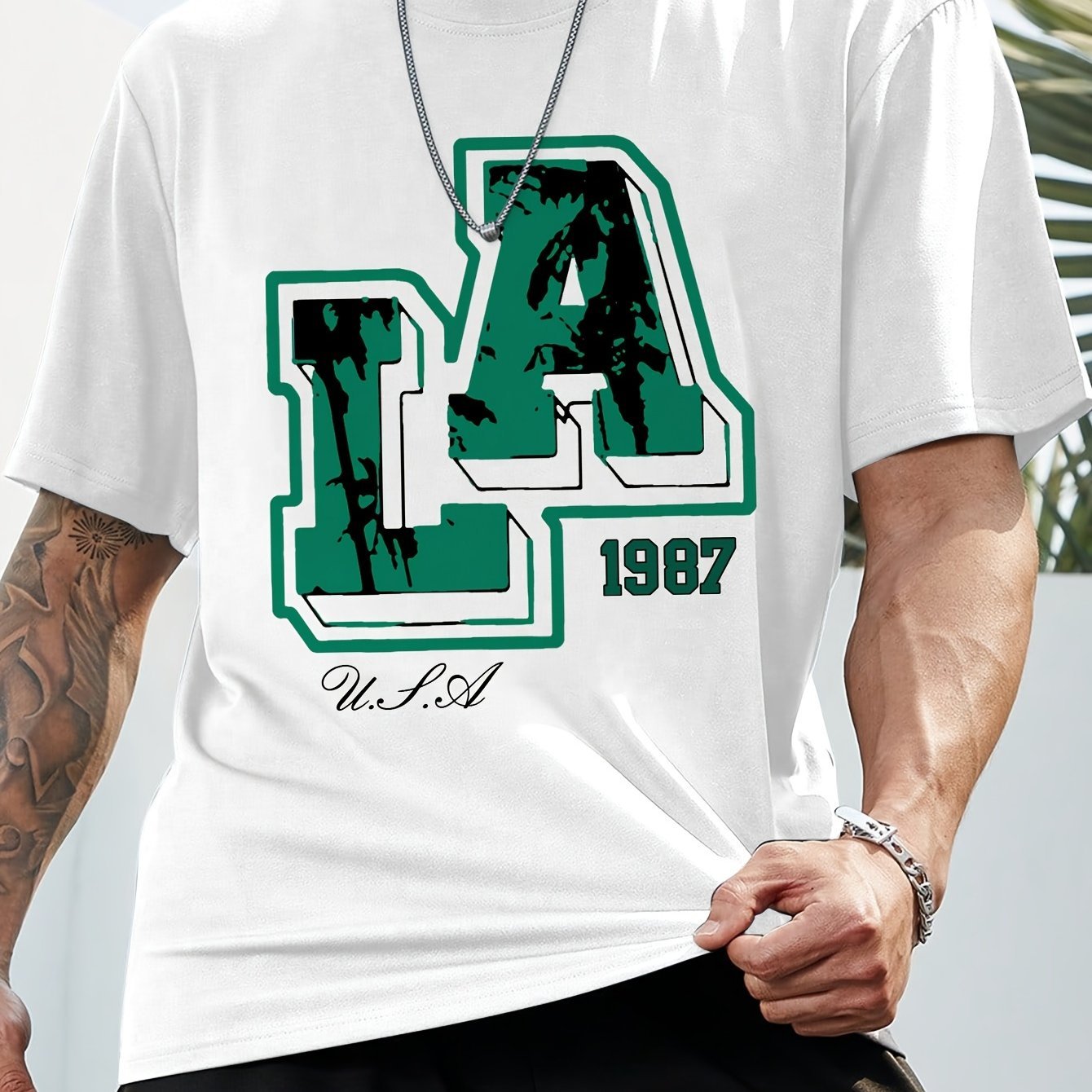 Men??s Los Angeles Print Short Sleeve T-Shirts, Comfy Casual Elastic Crew Neck Tops, Men??s Clothing - Image 4