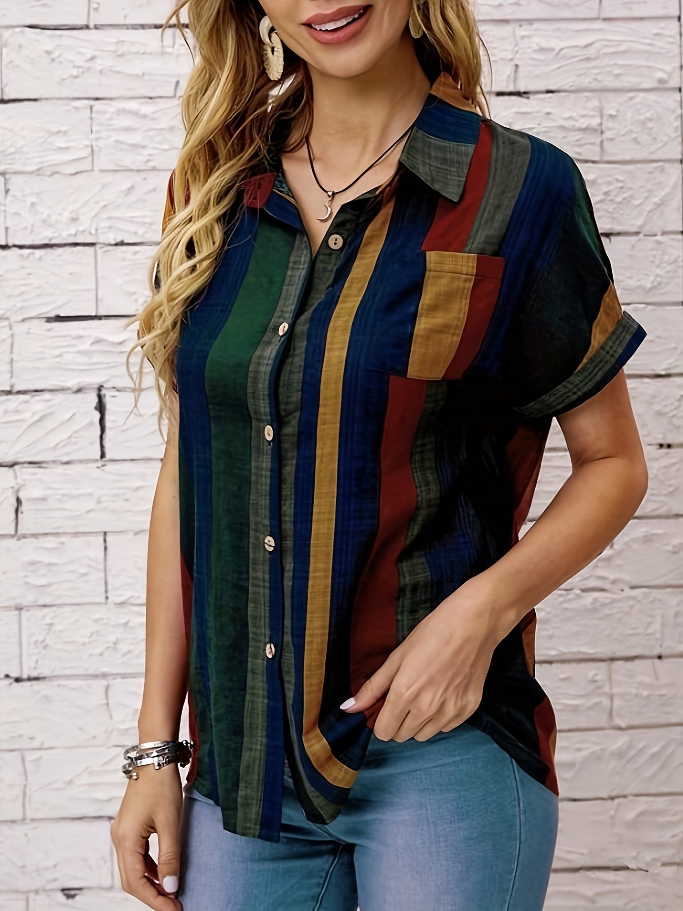 Striped Print Button Front Blouse, Vintage Short Sleeve Blouse For Spring & Summer, Women??s Clothing - Image 3