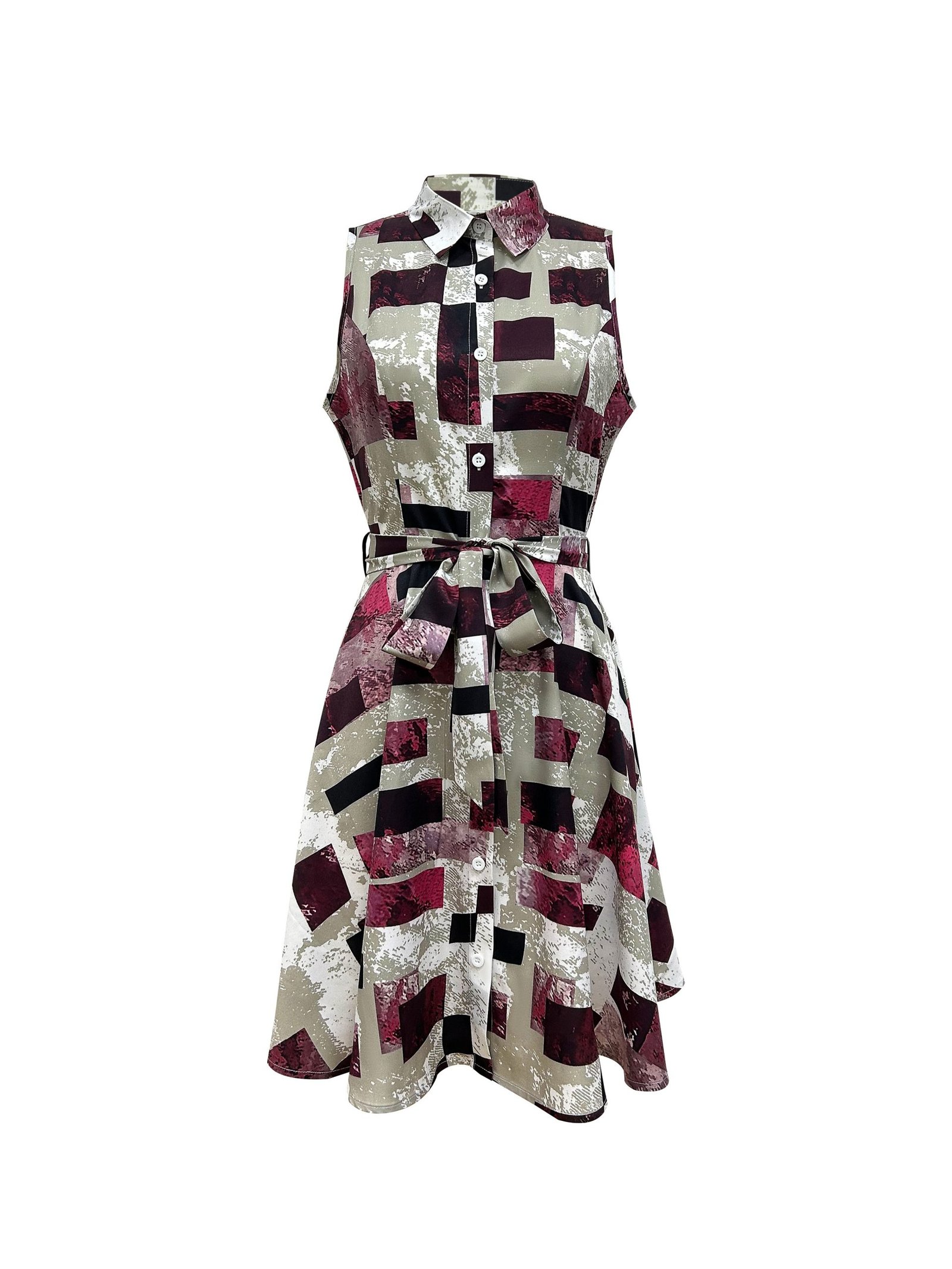 Abstract Print Button Front Sleeveless Dress, Casual Tie-waist Lapel Dress For Spring & Summer, Women??s Clothing - Image 12