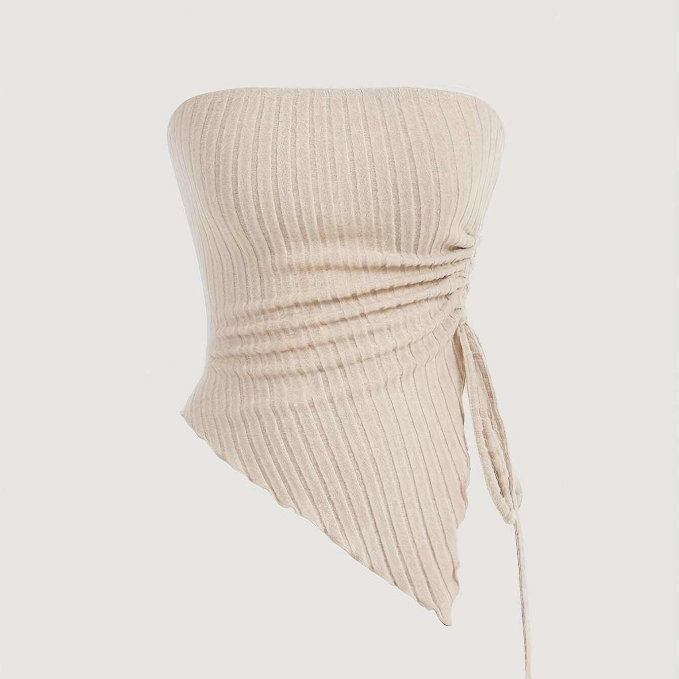 Solid Ribbed Asymmetric Hem Tube Top, Elegant Drawstring Ruched Side Strapless Sleeveless Top, Women??s Clothing - Image 4