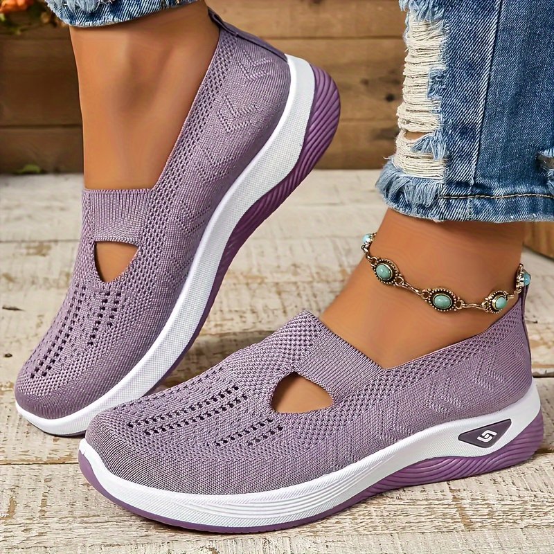 Women??s Solid Color Sneakers, Breathable Knit Slip On Outdoor Shoes, Lightweight Low Top Shoes - Image 13