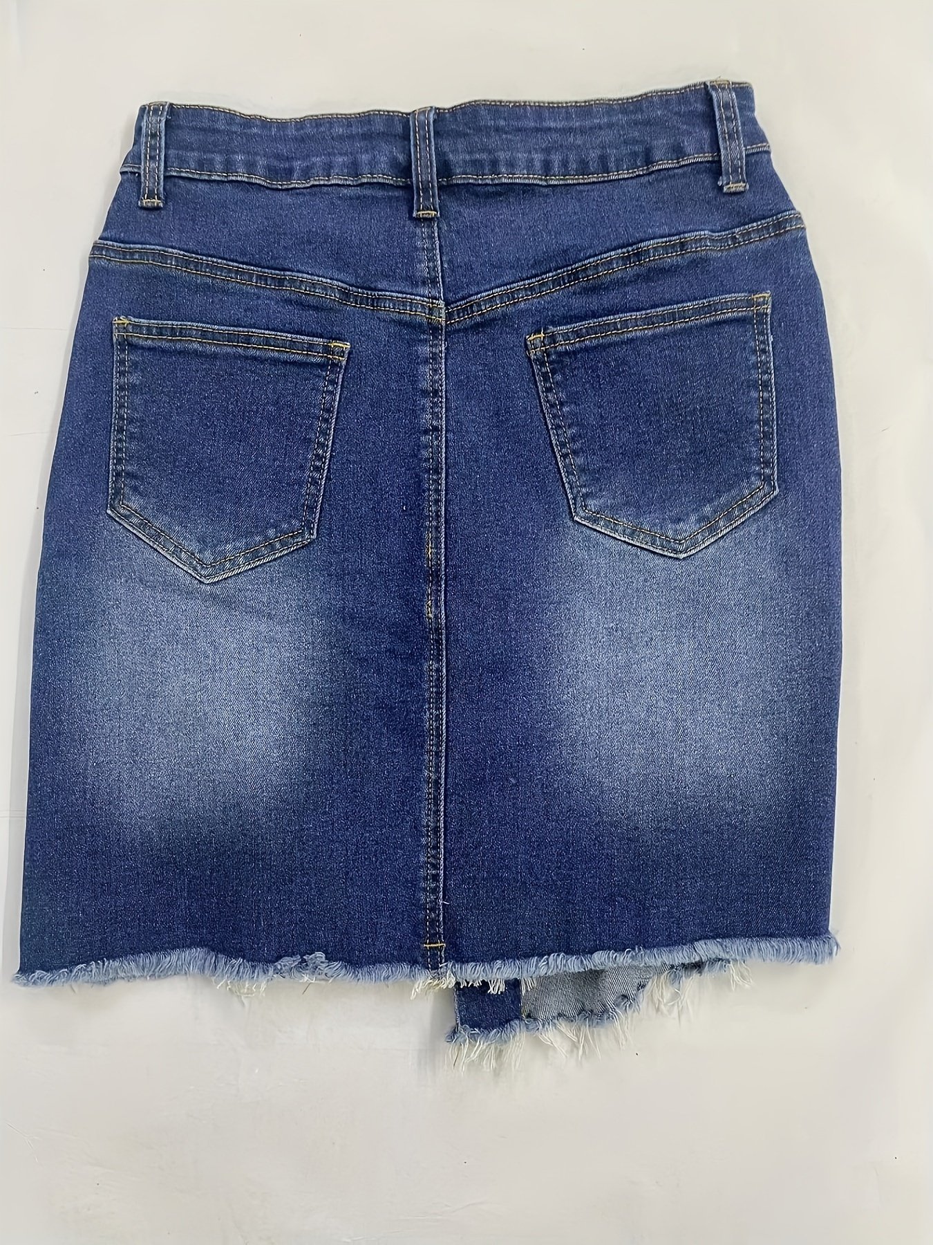 Ripped Asymmetric Single-breasted Raw Hem Denim Skirt, Medium Stretch Whiskering Distressed Denim Skirt, Women??s Denim Jeans & Clothing - Image 6