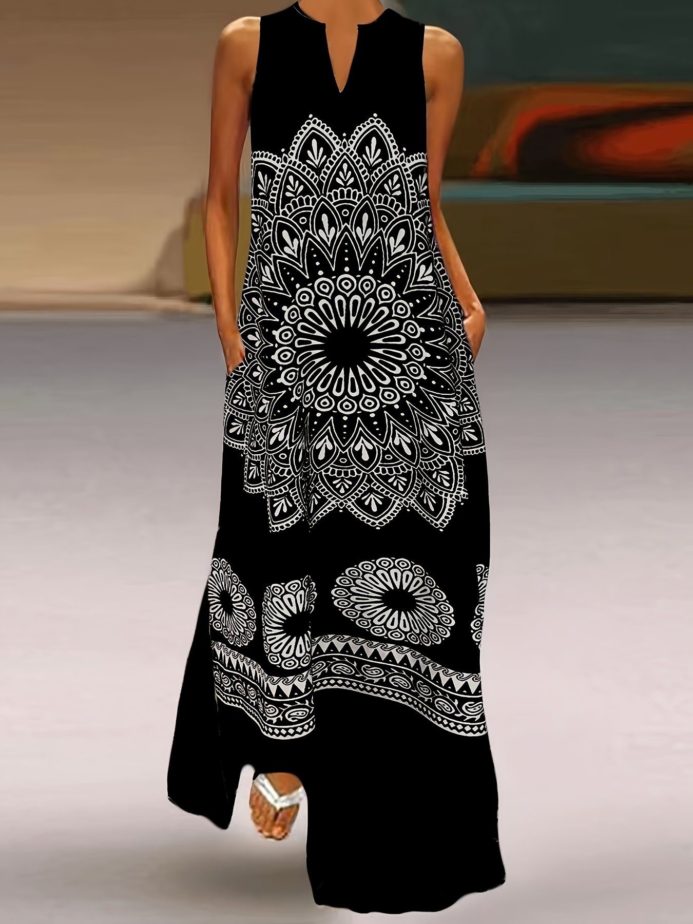 Mandala Floral Print Maxi Dress, Elegant Notched Neck Sleeveless Dress, Women??s Clothing - Image 3