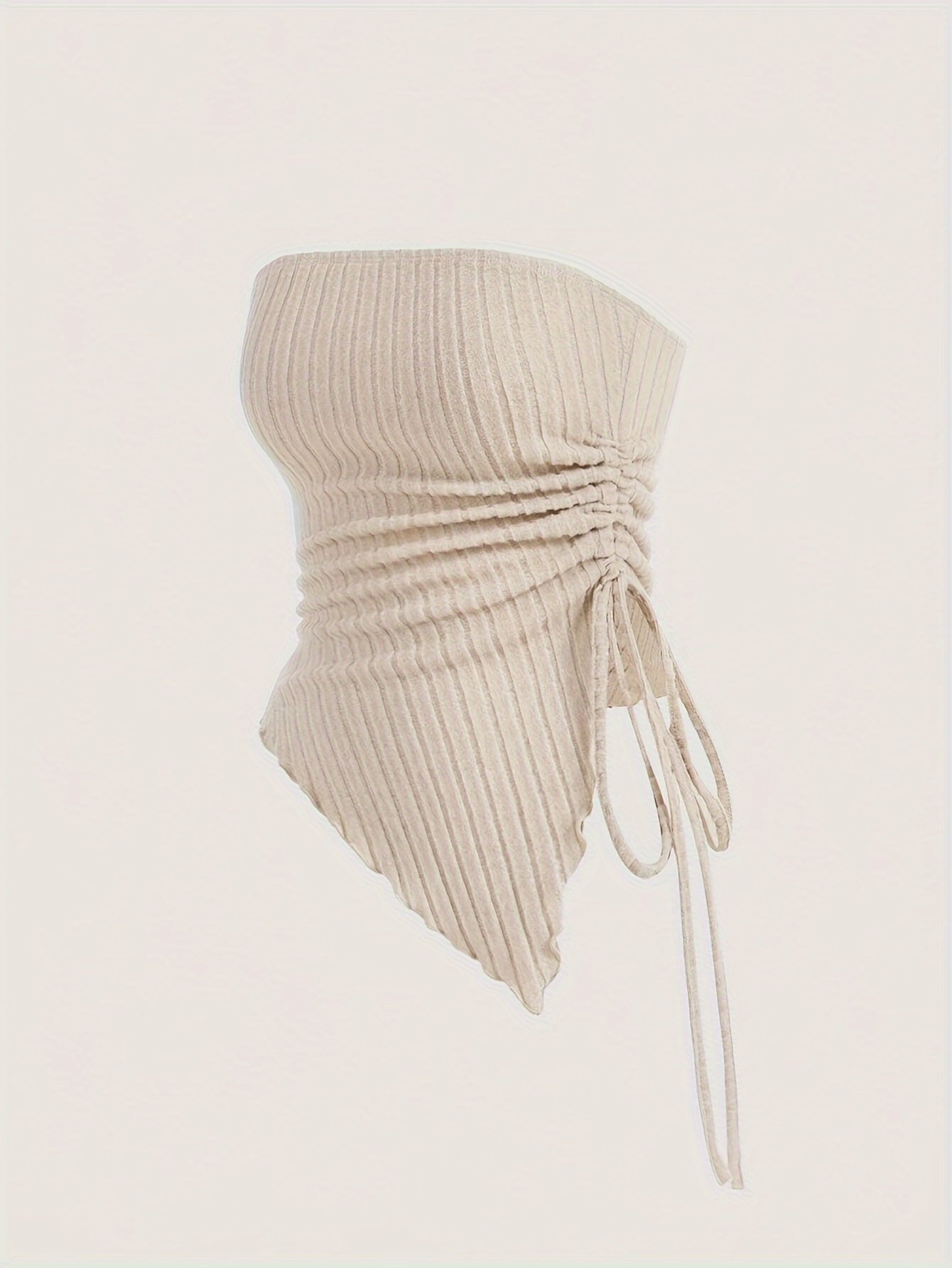 Solid Ribbed Asymmetric Hem Tube Top, Elegant Drawstring Ruched Side Strapless Sleeveless Top, Women??s Clothing - Image 6