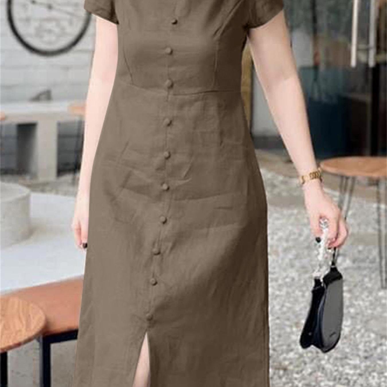 Solid Color Notched Neck Dress, Casual Short Sleeve Button Front Split Dress For Spring & Summer, Women??s Clothing - Image 3