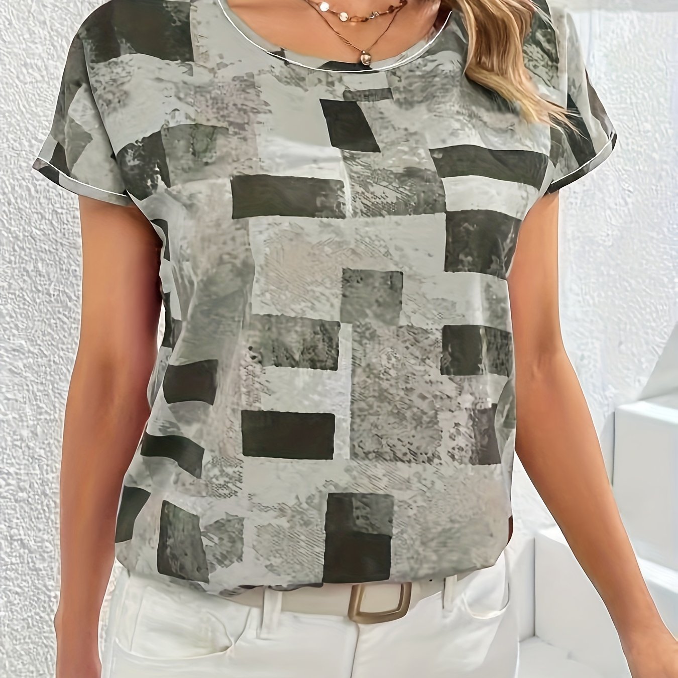 Geometric Print Blouse, Casual Crew Neck Short Sleeve Summer Blouse, Women??s Clothing - Image 4