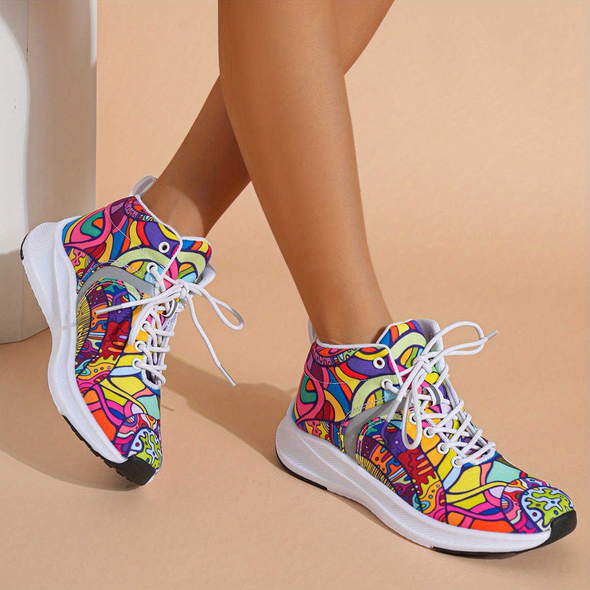 Women??s Graffiti Print High-Top Lace-Up Sneakers, Reflective Safety Straps Detail Sneakers, Women??s Footwear - Image 2
