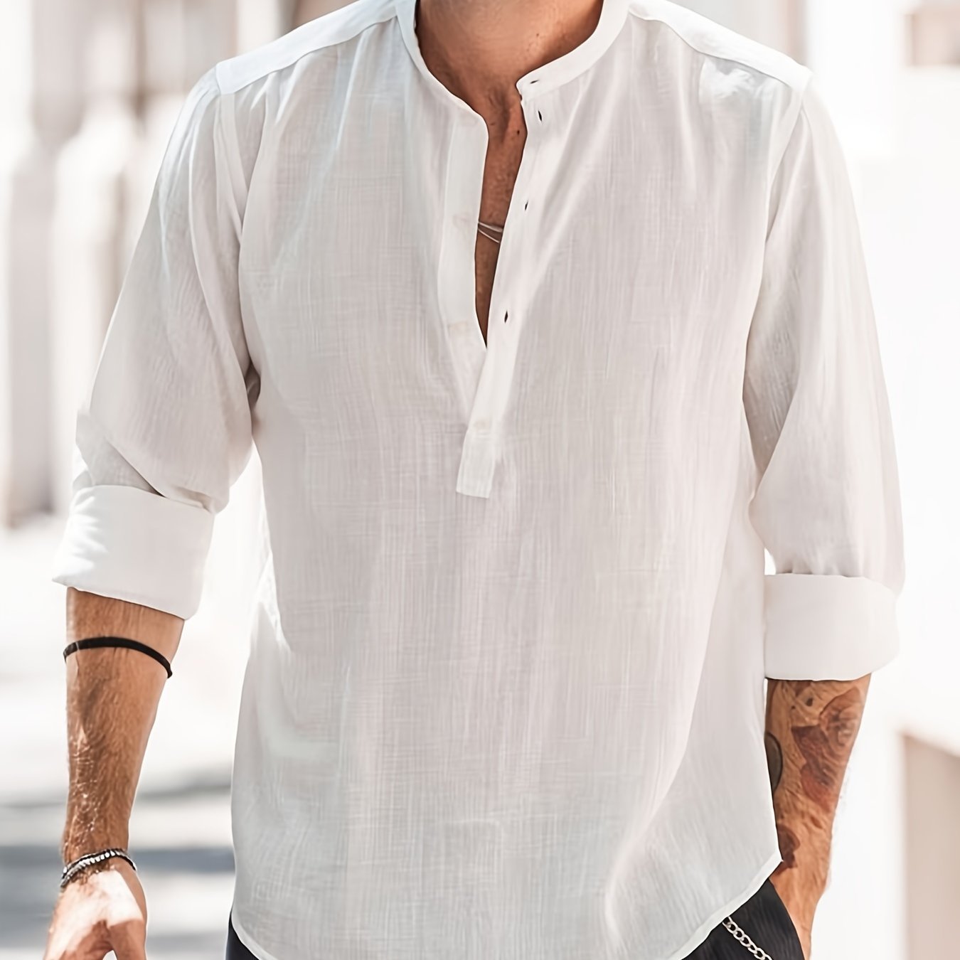 Classic Design Cotton Boat Neck Henley Shirt, Men??s Casual Fit Vintage Style Long Sleeve Top For Spring Fall - Image 2