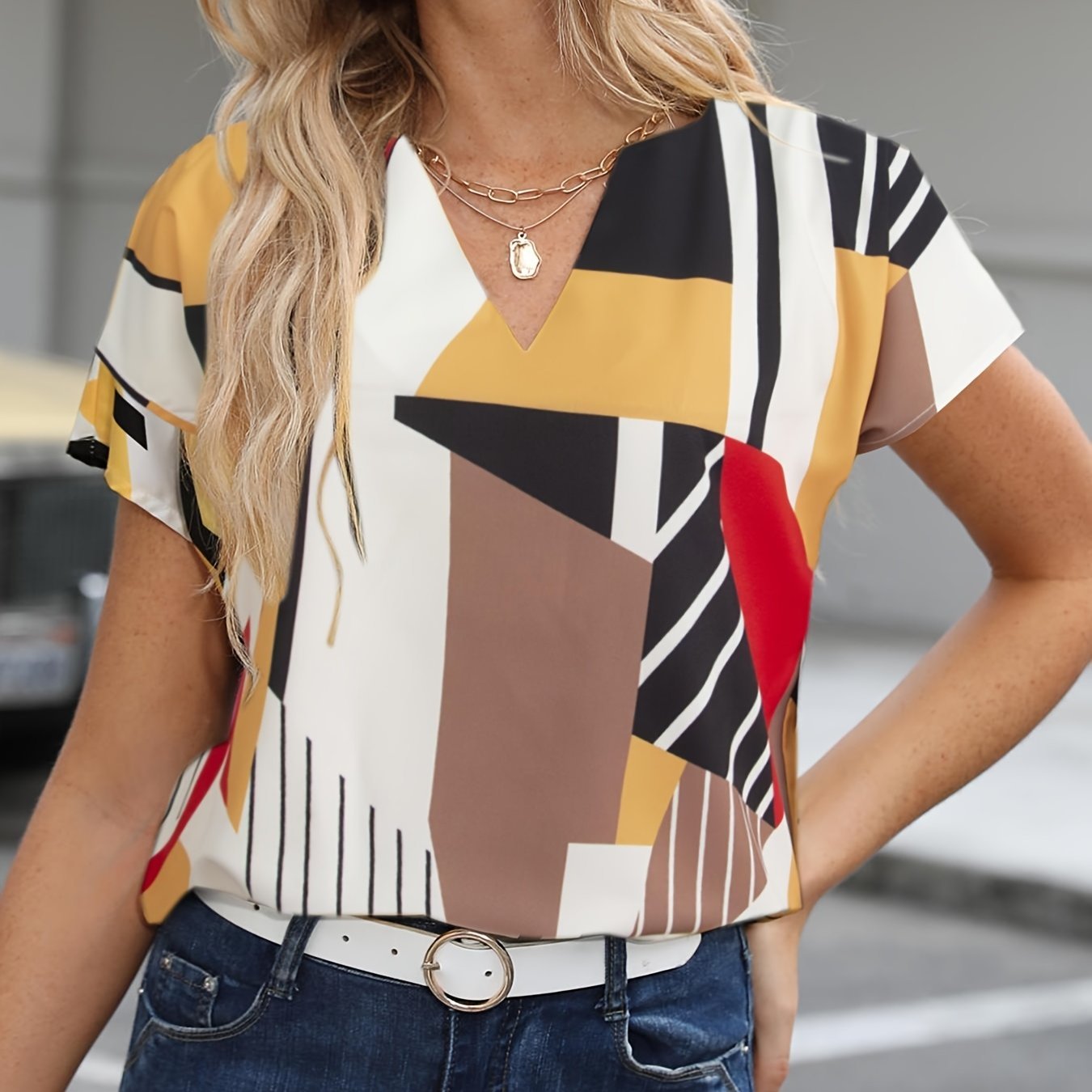 Color Block Graphic Print Blouse, Notched Neck Casual Short Sleeve Blouse, Women??s Clothing - Image 8