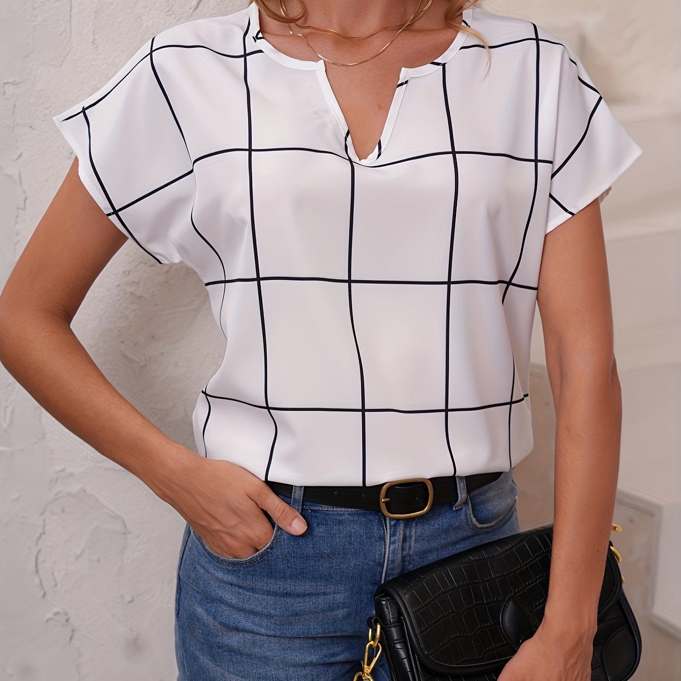 Plaid Print V Neck Blouse, Short Sleeve Casual Blouse For Spring & Summer, Women??s Clothing - Image 2