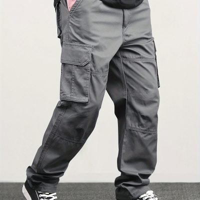 Men??s Classic Solid Color Cargo Pants with Multiple Flap Pockets, Straight-Leg, Drawstring Waist, Loose Fit for Hiking, Fishing, Streetwear, and Outdoor Camping Casual Style