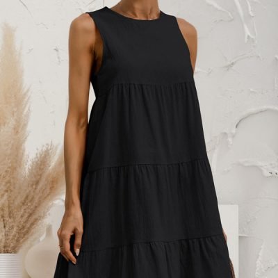 Round Neck Solid Ruched Sleeveless Mini Dress