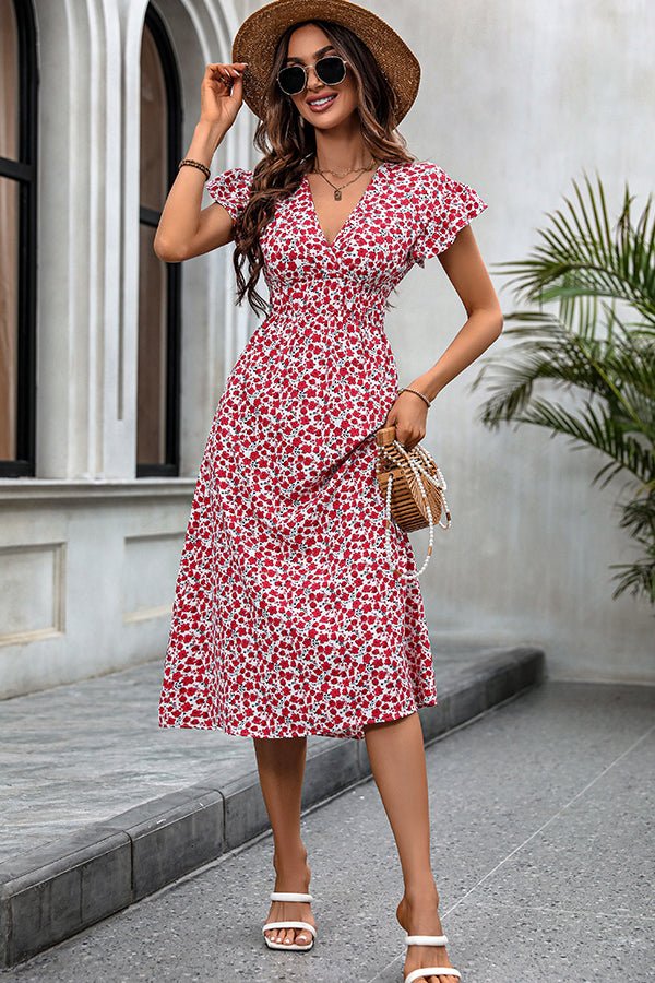 Floral Print V Neck Frill Casual Dress - Image 4