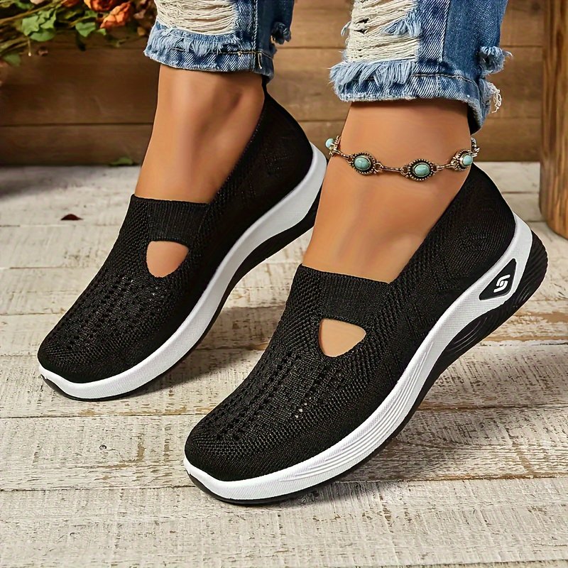 Women??s Solid Color Sneakers, Breathable Knit Slip On Outdoor Shoes, Lightweight Low Top Shoes - Image 8