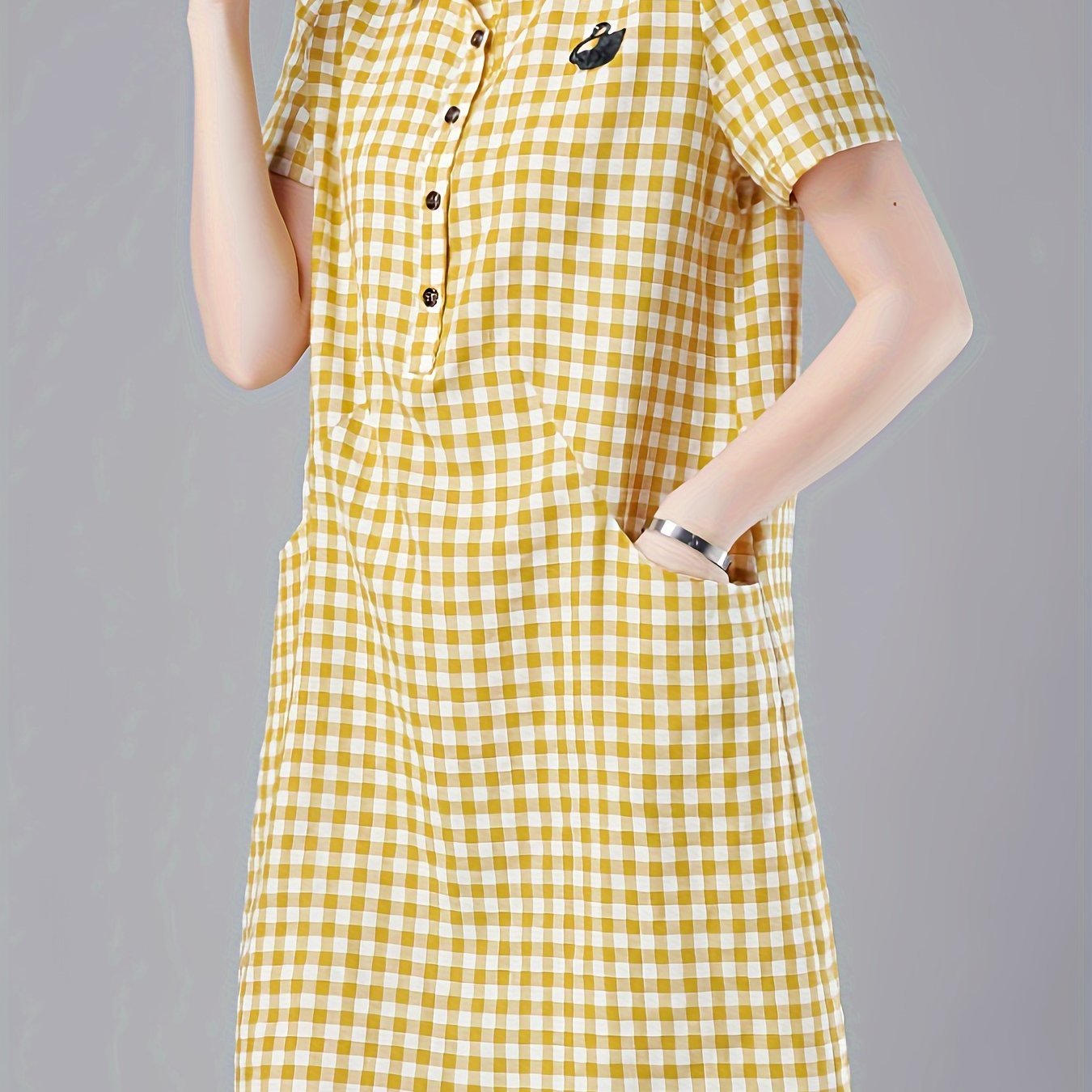 Plaid Print Button Up With Pocket Dress, Casual Short Sleeve Loose Dress For Spring & Summer, Women??s Clothing - Image 2