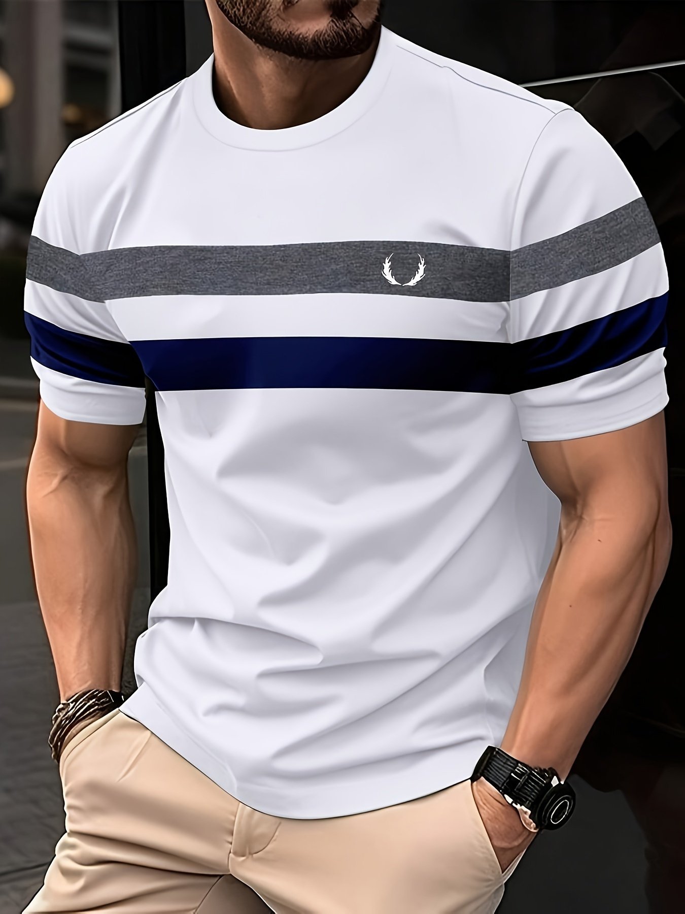 Men??s Stripe Pattern Crew Neck And Short Sleeve T-shirt, Casual And Chic Tops For Summer Outdoors Activities
