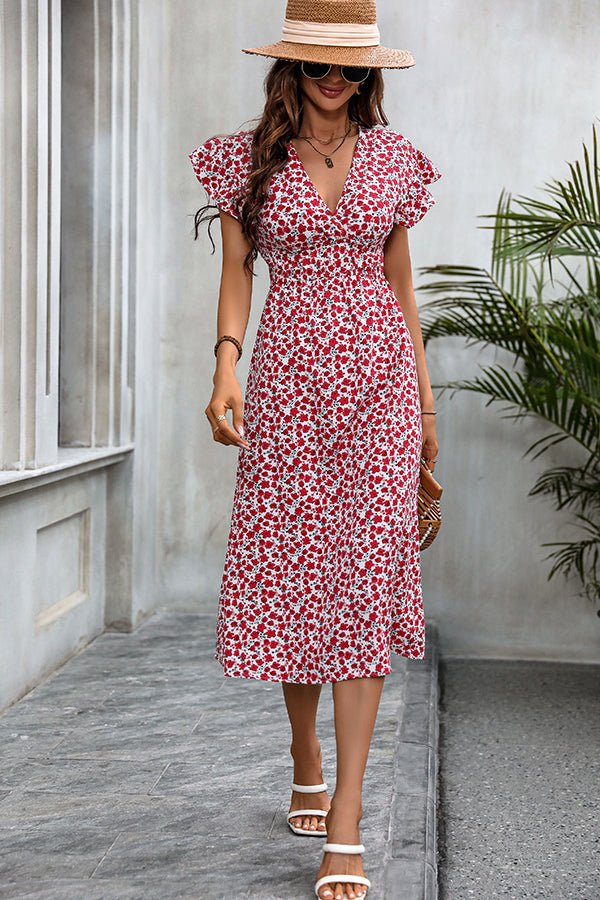 Floral Print V Neck Frill Casual Dress - Image 2
