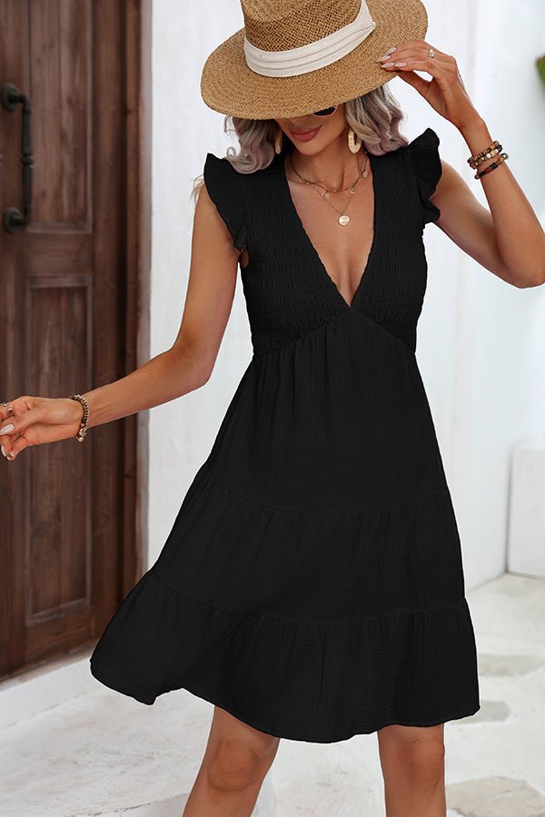 V Neck Solid Smocked Ruffle Hem Mini Dress - Image 4