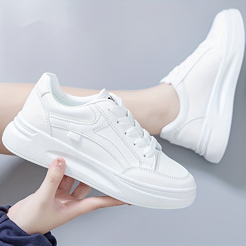 Women??s Platform Skate Shoes, Versatile Height Increasing Lace Up Low Top Shoes, Outdoor Walking White Shoes - Image 10