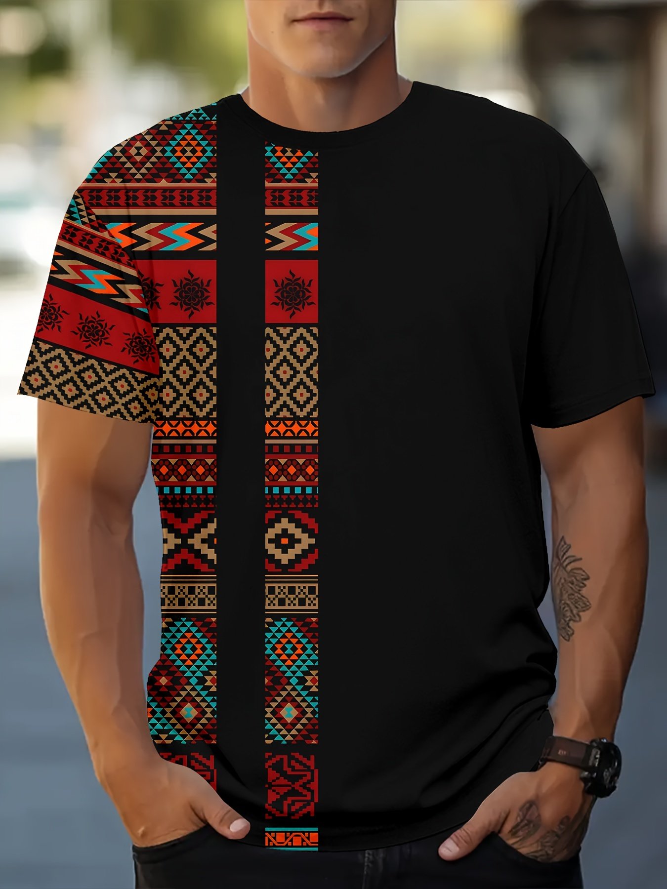 Men??s Ethnic Graphic Print T-shirt, Casual Short Sleeve Crew Neck Tee, Men??s Clothing For Summer Outdoor