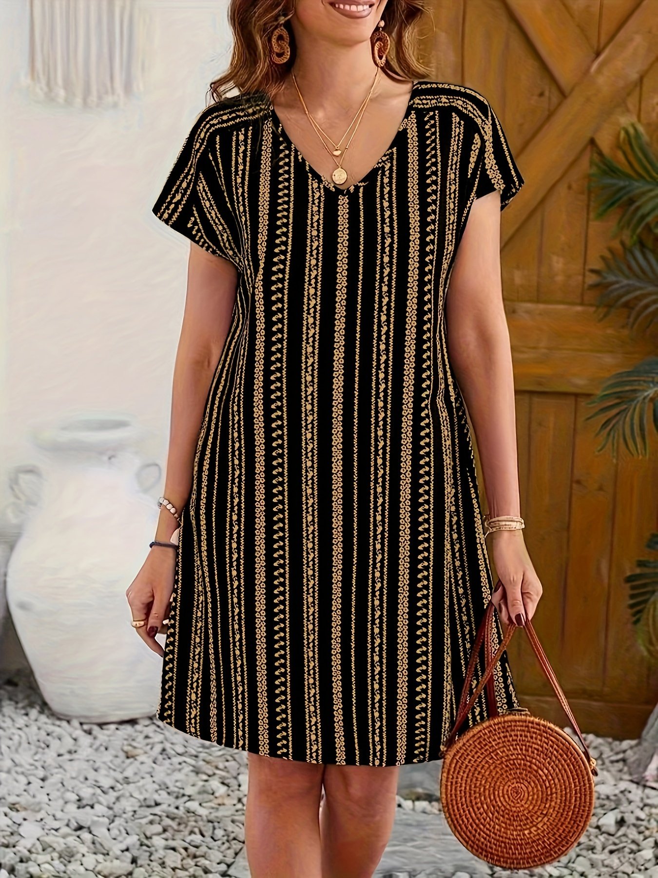 Striped V-neck Dress, Vacation Style Short Sleeve Shift Dress For Spring & Summer, Women??s Clothing - Image 6