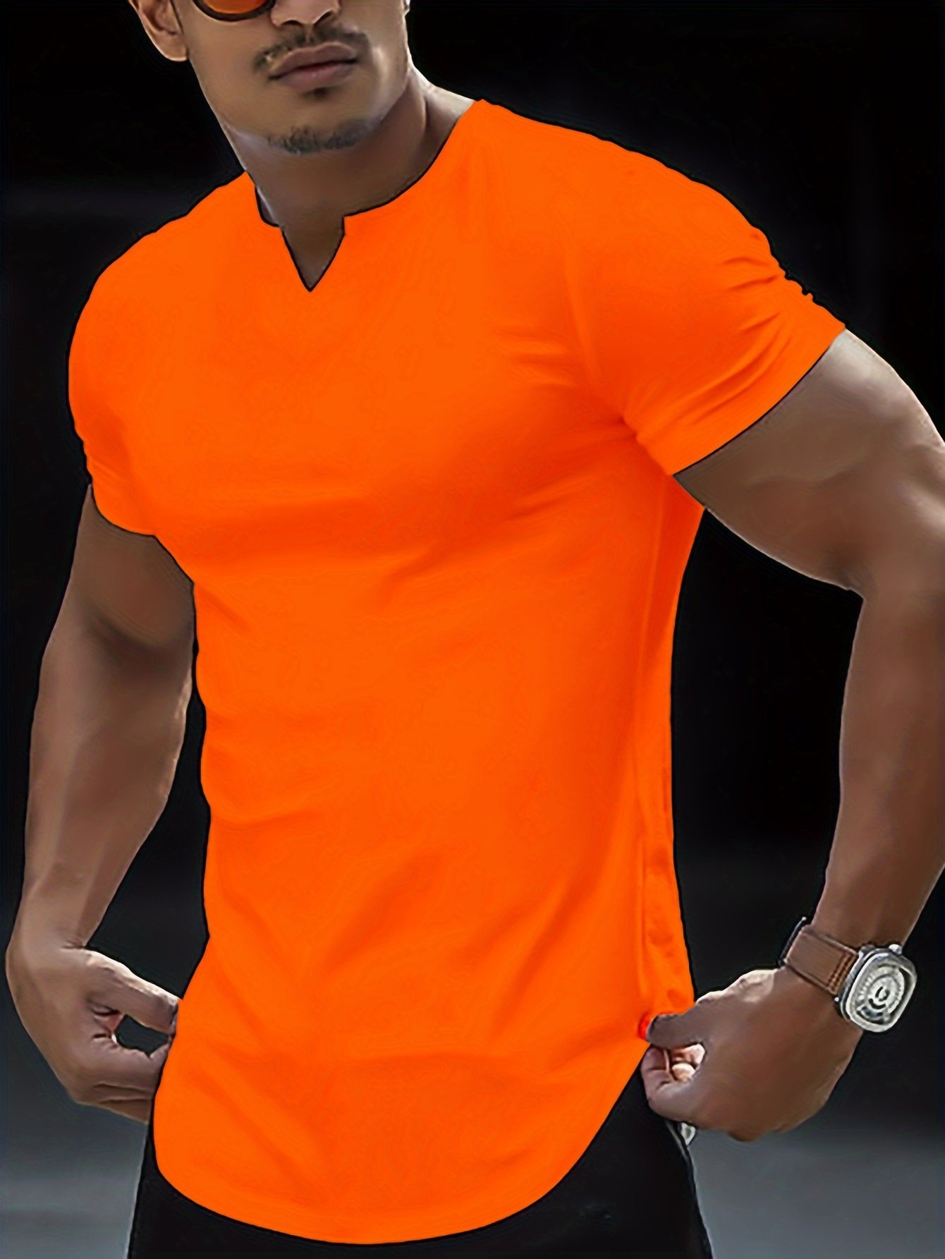 Solid Color Men??s Comfy V-Neck Medium Stretch T-shirt, Men??s Summer Clothes, Men??s Outfits