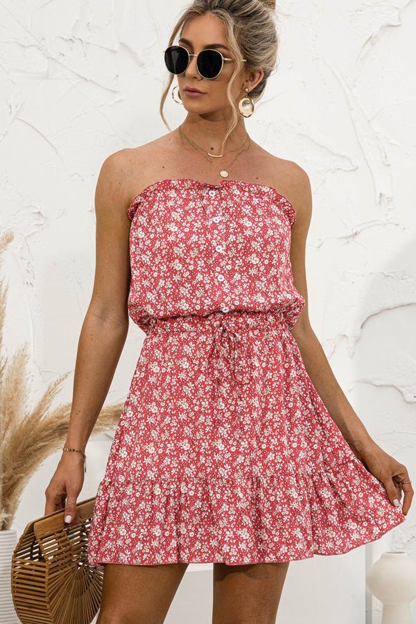 Floral Print Strapless Tie Waist Mini Dress - Image 4