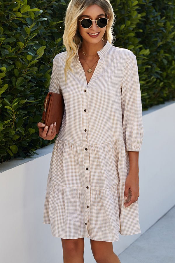 Split Neck Plaid Print Button Up Tunic Dress - Image 5