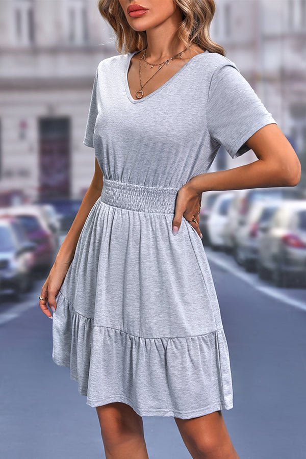Solid Smocked V Neck Casual Mini Dress - Image 4
